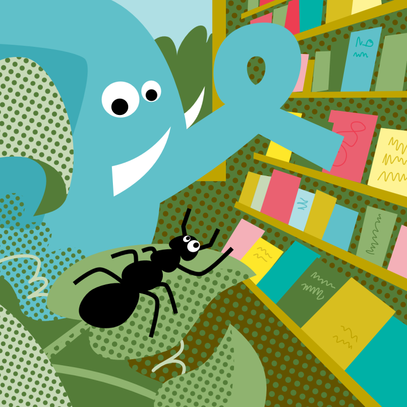 rysunek mrówki oglądającej regał z książkami