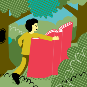 rysunek kobiety trzymającej wielką książkę pośród drzew