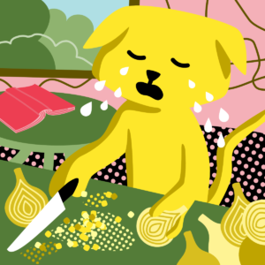 rysunek płaczącego psa krojącego cebulę