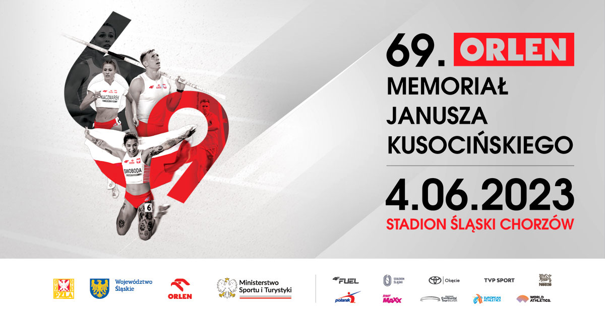 plakat wydarzenia 69. memoriał Janusza Kusocińskiego 4.06.2023 stadion śląski Chorzów