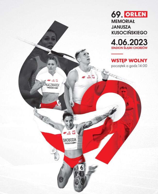 plakat wydarzenia 69. memoriał Janusza Kusocińskiego 4.06.2023 stadion śląski Chorzów