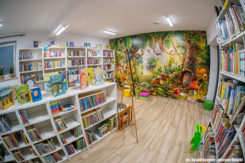 pomieszczenie biblioteki z kolorową fototapetą i regałami z książkami