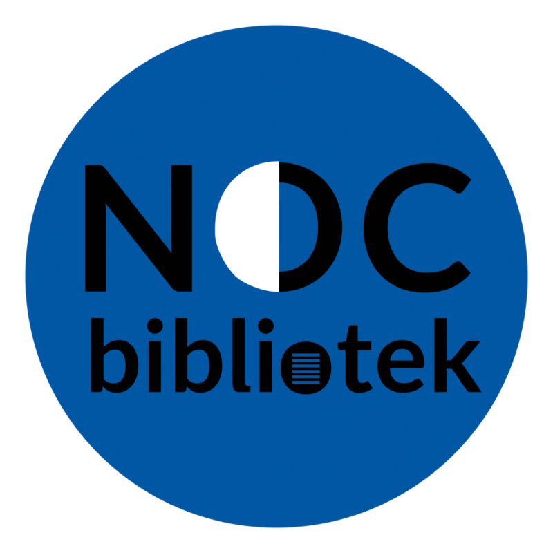 logo biało czarny napis Noc bibliotek na niebieskim tle