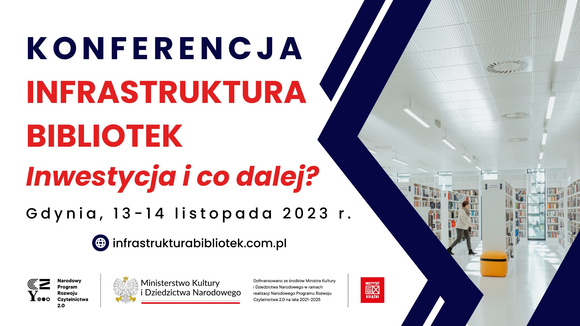 plakat informacyjny konferencja infrastruktura bibliotek - inwestycja i co dalej? Gdynia 13-14 listopada 2023 r.