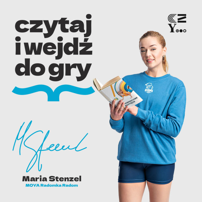 plakat czytaj i wejdź do gry, na plakacie Maria Stenzel trzymająca książkę