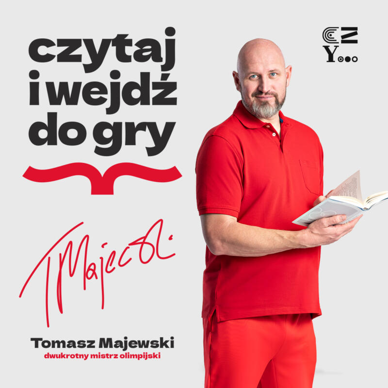 plakat czytaj i wejdź do gry, na plakacie Tomasz Majewski trzymający książkę