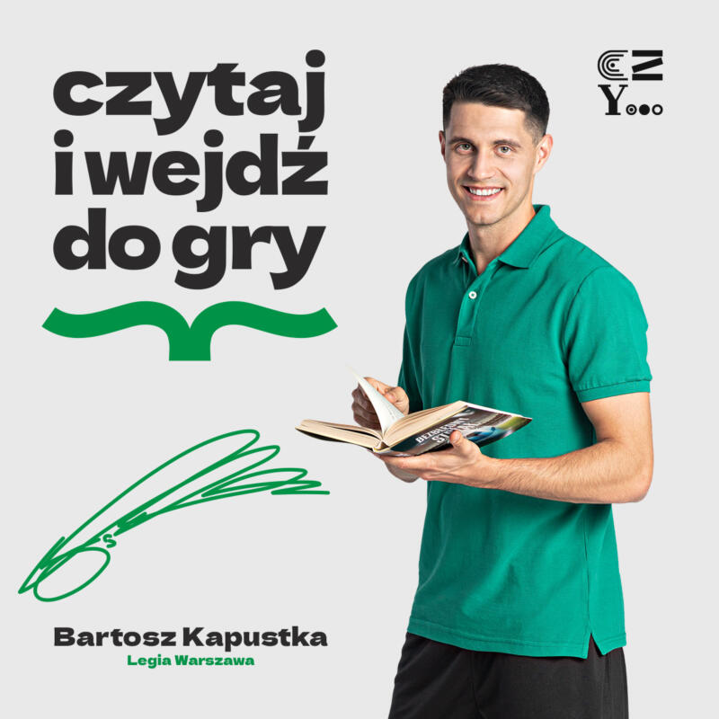 plakat czytaj i wejdź do gry, na plakacie Bartosz Kapustka trzymający książkę
