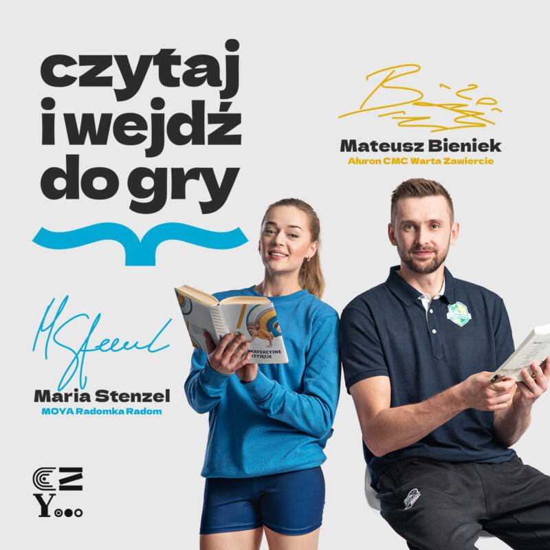 plakat czytaj i wejdź do gry, na plakacie Maria Stenzel i Mateusz Bieniek trzymający książki