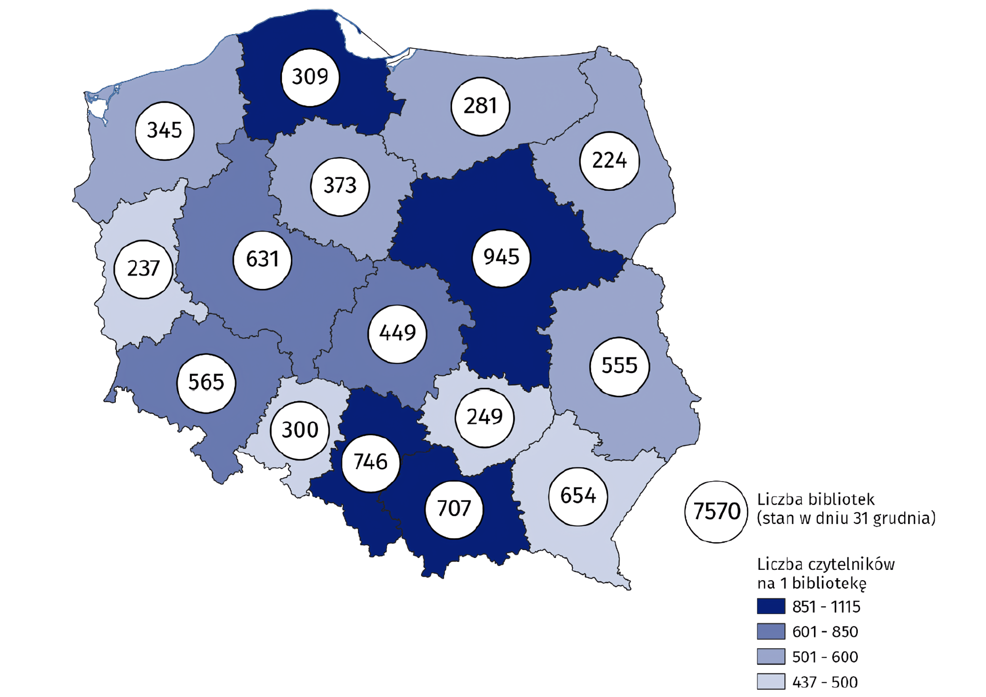 mapa Polski pokazująca ilość bibliotek publicznych na województwo